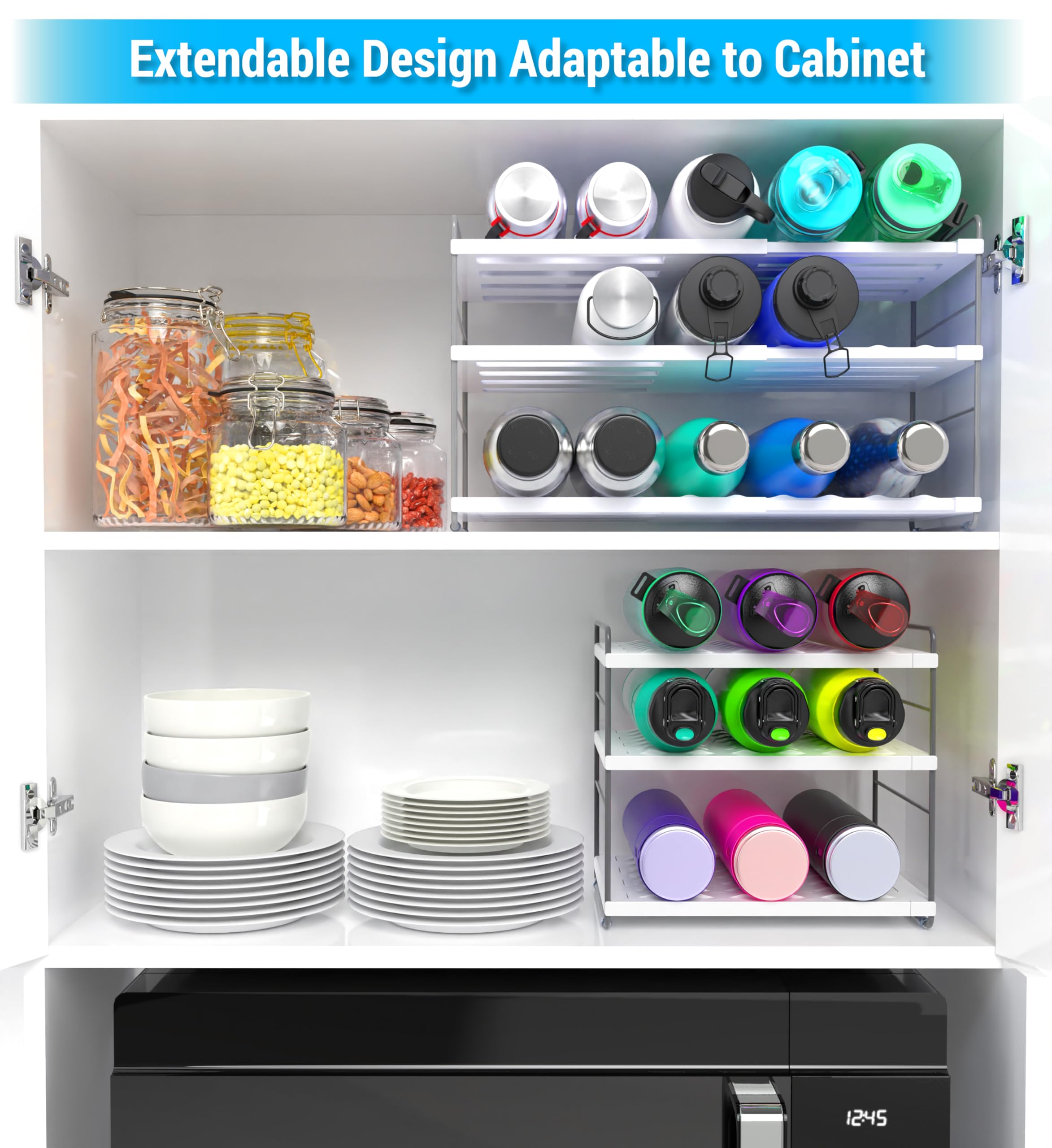 YAN & HIN 15 Bottles Cabinet Organizer Extendable Kitchen Cabinet Organizer with Adjustable Height, 3-Tier Water Bottle Holder, Pantry Pantry Organizers Cup Rack for Cabinet