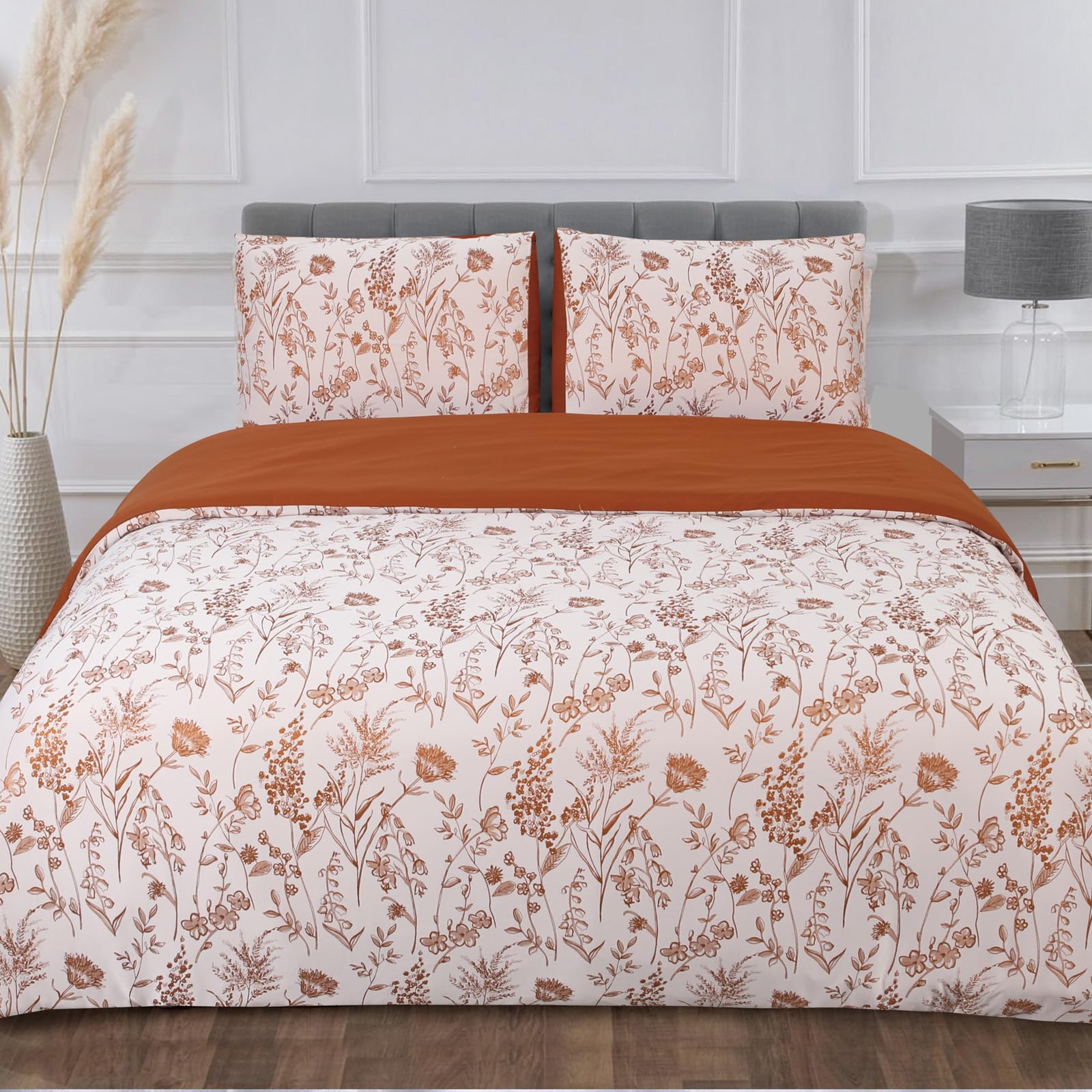 YINFUNG Flower Duvet Cover Fall Floral Embroidered Burnt Orange Terracotta Rust White Queen Spring Wildflower Botanical Jacquard Textured 3 Pieces Autumn Bedding Set Country