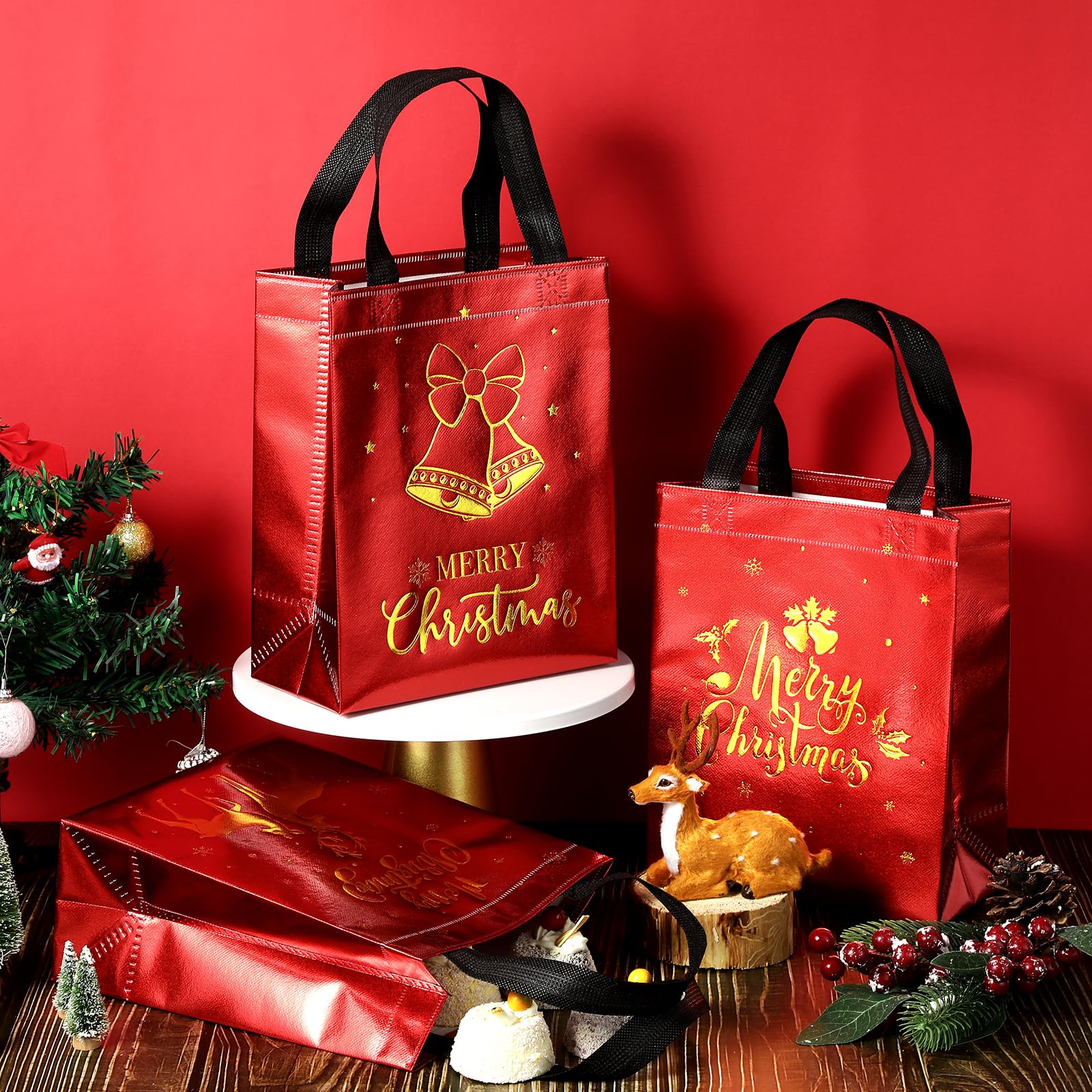 24 Pack Christmas Gift Bags with Tissues, Red Medium Reusable Christmas Tote Bags with Handles, Metallic Gold Foil Goodie Bags Non Woven Gift Bags Bulk for Christmas Holiday Party Favors, 5x8x10 Inch