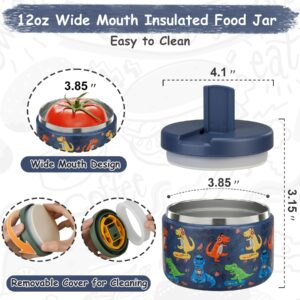 Pawtong 12oz Insulated Vacuum Food Jar with Buckle Lid Wide Mouth Soup Thermo for Hot Food Kids Leakproof Stainless Steel Lunch Container (Blue-Dinosaur)