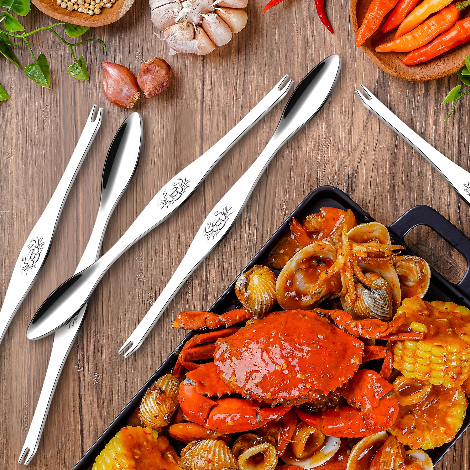 15Pcs Stainless Steel Seafood Forks, Crab Forks with Double Headed 304 Spoons, Seafood Tools for Eating Lobster Crab Leg Shrimp