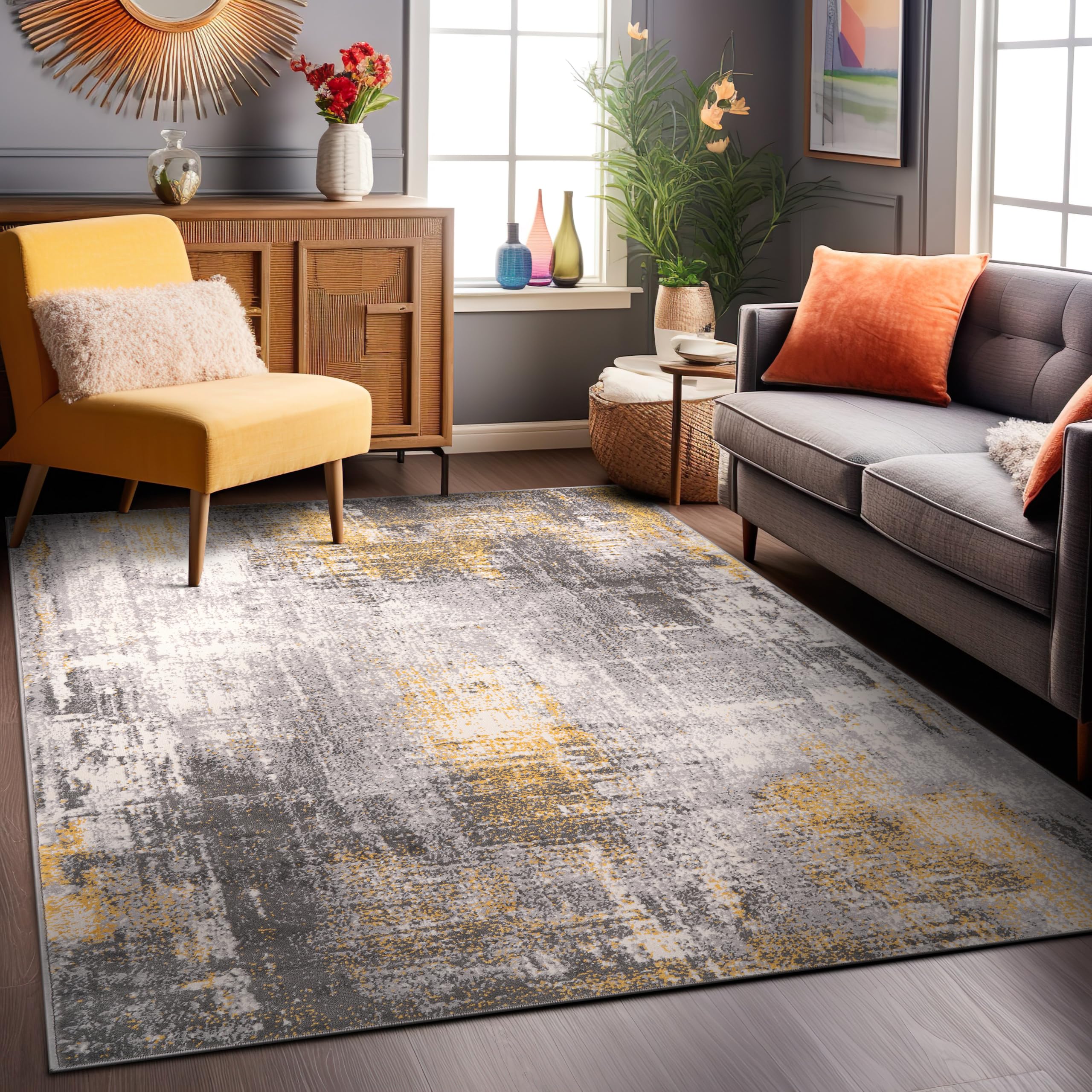 Rugshop Dublin Contemporary Abstract Stain Resistant Soft Area Rug 7'10" x 10' Yellow