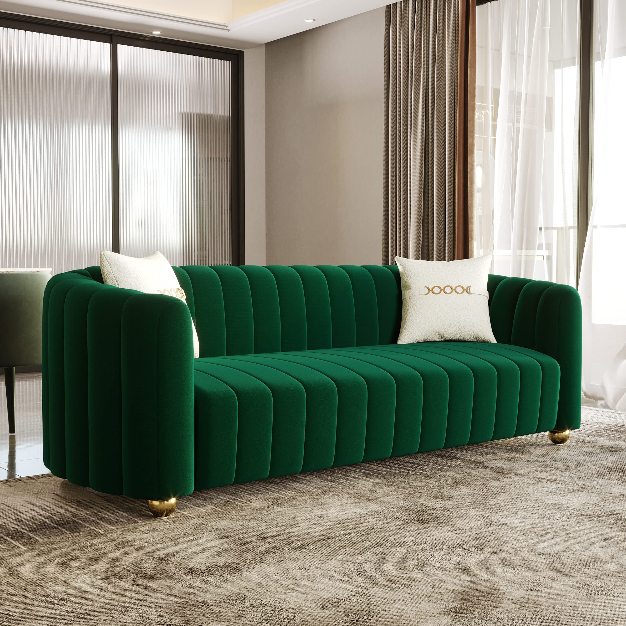 ANTTYBALE 83'' Velvet Sofa for Living Room Modern Comfy Couch 3-Seater Apartment Sofa with 2 Pillows & Golden Metal Legs (Green)