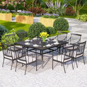 PHI VILLA 9 Pieces Outdoor Dining Table Set for 8, 60” Square Wrought Iron Dining Table & Heavy-Duty Steel Dining Chairs with Cushions, Large Dining Furniture Set for Patio, Deck, Yard, Porch