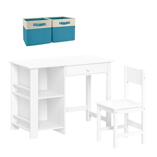 RiverRidge Kids Chair and Desk Set with Storage Cubbies, 2 Folding Fabric Turquoise Storage Bins, Drawer and Bookracks - Art Table Desk for Bedroom