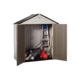 Rubbermaid Resin Outdoor Storage Shed With Floor (7 x 3.5 Ft.), Weather Resistant, Brown/Grey, Organization for Home/Lawn Mower/Backyard Equipment/Bike Storage/Pool Supplies