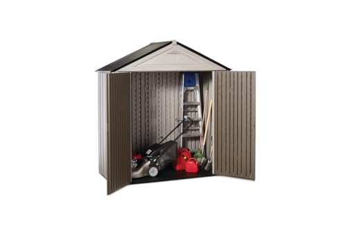 Rubbermaid Resin Outdoor Storage Shed With Floor (7 x 3.5 Ft.), Weather Resistant, Brown/Grey, Organization for Home/Lawn Mower/Backyard Equipment/Bike Storage/Pool Supplies