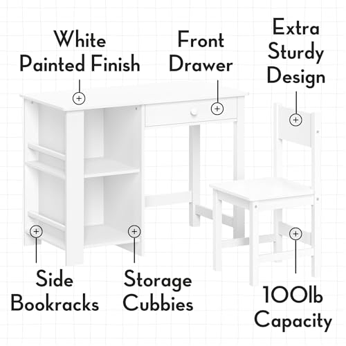 RiverRidge Kids Chair and Desk Set with Storage Cubbies, 2 Folding Fabric Turquoise Storage Bins, Drawer and Bookracks - Art Table Desk for Bedroom