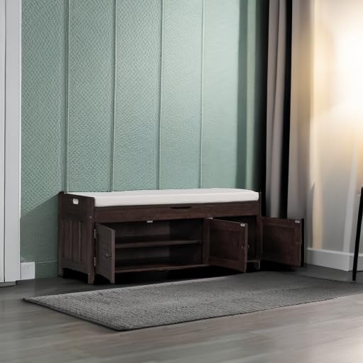 SOFTSEA Storage Bench with 3 Shutter Shaped Doors, Wooden Shoe Bench with Removable Cushion and Hidden Storage Space, Espresso