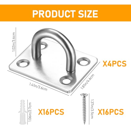 Zxglxinyao Square pad Eye Plate, 4 Pcs Heavy Duty Pad Eye Plate U Hooks, Staple Ring Hook, Ceiling Hooks Wall Mount for Hanging Yoga Swing Hammocks Suspension Hooks Hanger, with Screws, Anchors