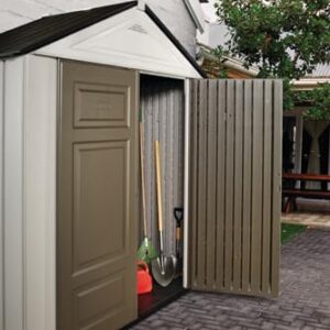 Rubbermaid Resin Outdoor Storage Shed With Floor (7 x 3.5 Ft.), Weather Resistant, Brown/Grey, Organization for Home/Lawn Mower/Backyard Equipment/Bike Storage/Pool Supplies