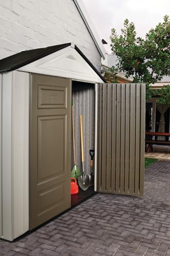 Rubbermaid Resin Outdoor Storage Shed With Floor (7 x 3.5 Ft.), Weather Resistant, Brown/Grey, Organization for Home/Lawn Mower/Backyard Equipment/Bike Storage/Pool Supplies