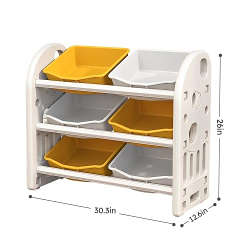 OLASK Toy Storage Organizer Rack, Children Book Shelf Unit with 6 Bins, Playroom Organization Cabinet, Multifunctional Storage Rack for Livingroom (Yellow)