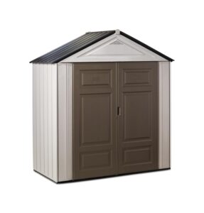 rubbermaid resin outdoor storage shed with floor (7 x 3.5 ft.), weather resistant, brown/grey, organization for home/lawn mower/backyard equipment/bike storage/pool supplies