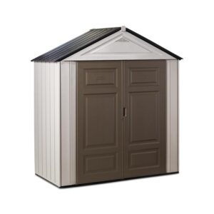 Rubbermaid Resin Outdoor Storage Shed With Floor (7 x 3.5 Ft.), Weather Resistant, Brown/Grey, Organization for Home/Lawn Mower/Backyard Equipment/Bike Storage/Pool Supplies