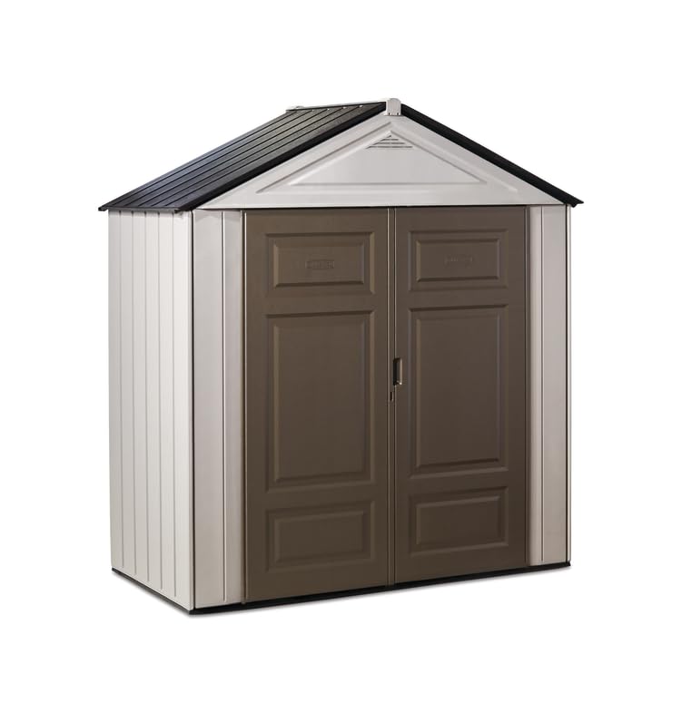 Rubbermaid Resin Outdoor Storage Shed With Floor (7 x 3.5 Ft.), Weather Resistant, Brown/Grey, Organization for Home/Lawn Mower/Backyard Equipment/Bike Storage/Pool Supplies