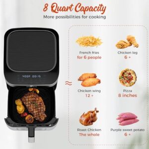 Air Fryer 8 Qt Large Size With Clear Window, 8 Presets, 3 Special Features Turn Reminder, Preheat, Light, True One-touch Panel, 360° Turbo Airflow Tech, Nonstick Basket,Stainless Steel