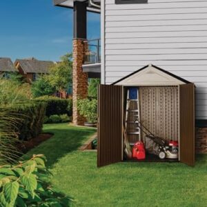 Rubbermaid Resin Outdoor Storage Shed With Floor (7 x 3.5 Ft.), Weather Resistant, Brown/Grey, Organization for Home/Lawn Mower/Backyard Equipment/Bike Storage/Pool Supplies