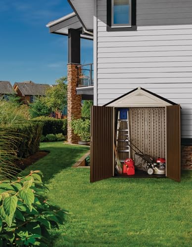 Rubbermaid Resin Outdoor Storage Shed With Floor (7 x 3.5 Ft.), Weather Resistant, Brown/Grey, Organization for Home/Lawn Mower/Backyard Equipment/Bike Storage/Pool Supplies