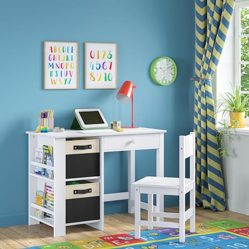 RiverRidge 2pc Kids Desk and Chair Set with Cubbies, Bookracks and Red, White with Black Bins