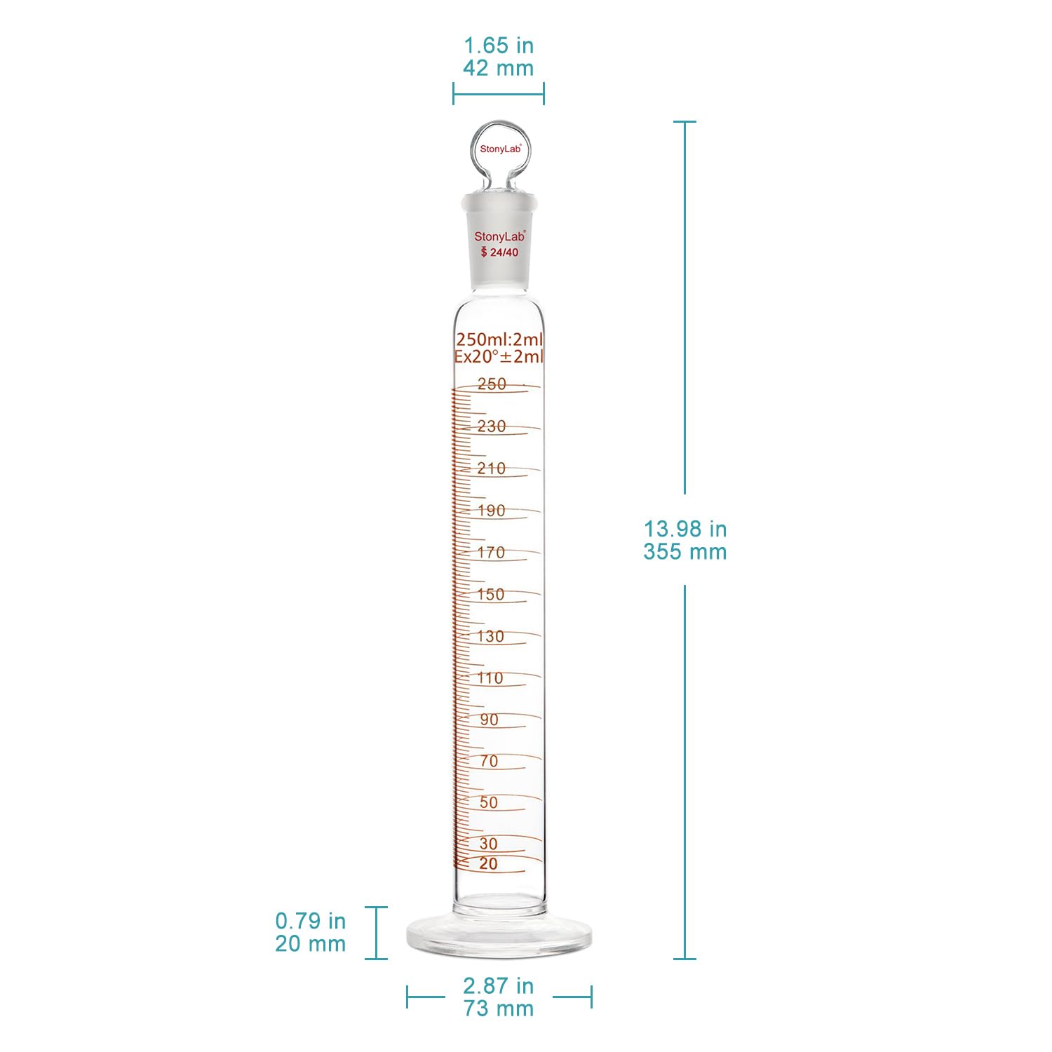 stonylab Measuring Cylinder with Stopper, 250 ml Heavy Wall Borosilicate Glass Measuring Graduated Cylinder with 24/40 Standard Ground Joint and Flat Head Stopper, 1 Pack