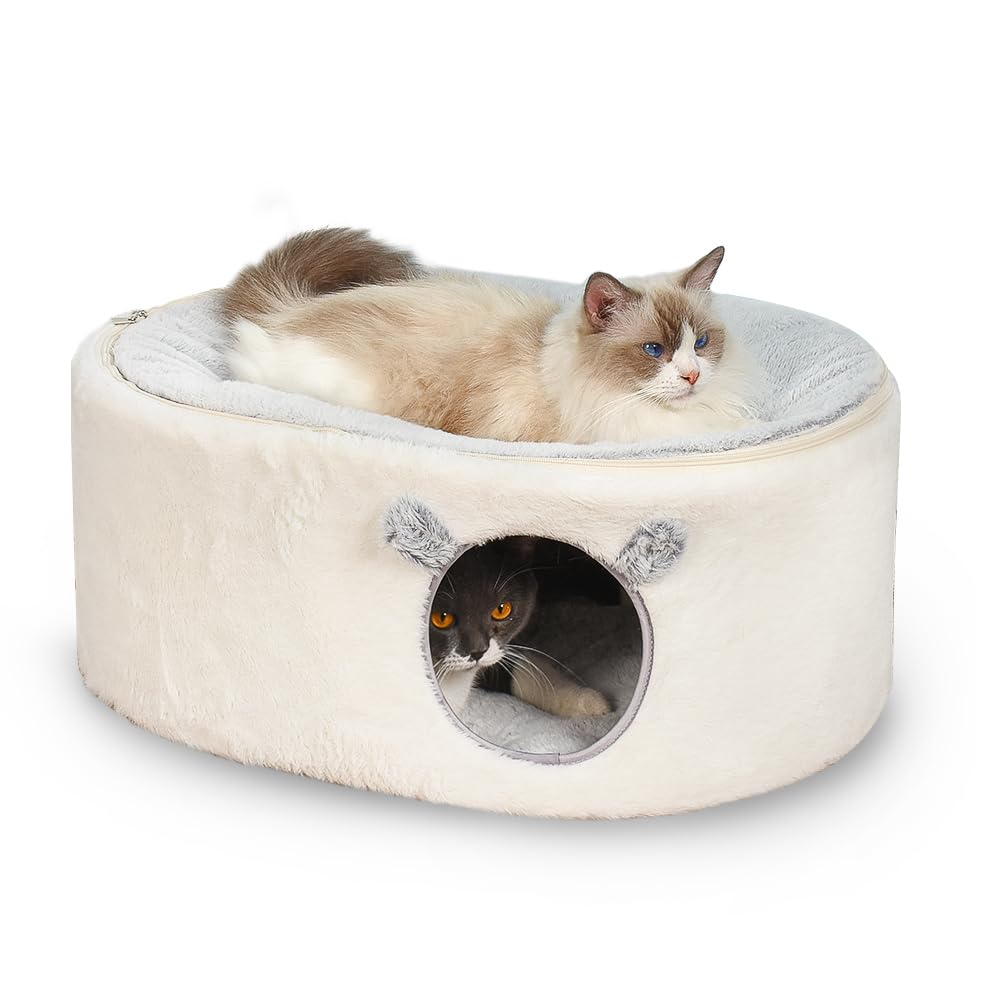 Zoratoo Cat Bed for Indoor Cats, Fluffy Cat Cave Large Enclosed Cat House Pet Bed Hammock with Removable Washable Cover for Sleeping Cat, Kittens, Small Dog, Oval Cat Hideaway