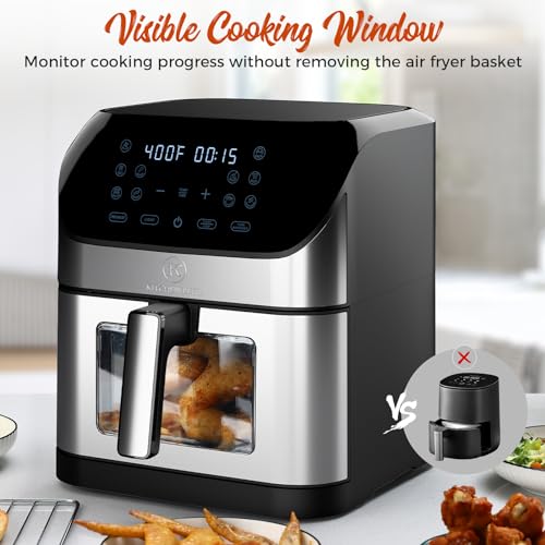 Air Fryer 8 Qt Large Size With Clear Window, 8 Presets, 3 Special Features Turn Reminder, Preheat, Light, True One-touch Panel, 360° Turbo Airflow Tech, Nonstick Basket,Stainless Steel