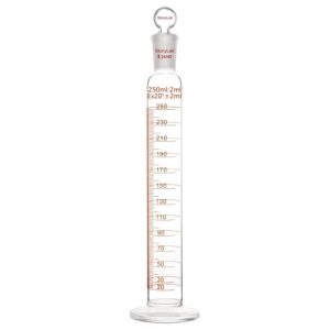 stonylab measuring cylinder with stopper, 250 ml heavy wall borosilicate glass measuring graduated cylinder with 24/40 standard ground joint and flat head stopper, 1 pack