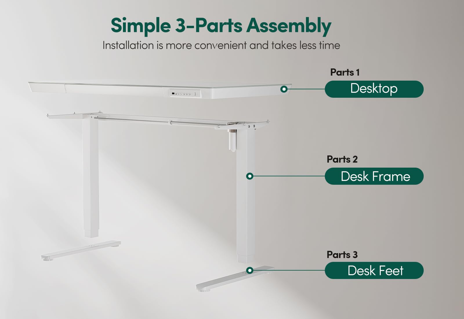 FEZIBO 55 × 24 Electric Standing Desk with Drawers, Whole-Piece Glass Adjustable Height Desk, One-Piece Quick Install Adjustable Sit Stand Desk, White