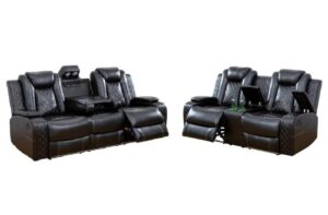 aycp multifunction power air leather recliner sofa set with led lights, living room furniture, reclining sofa, loveseat, chair with usb port/storage (black, sofa+loveseat)