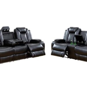 AYCP Multifunction Power Air Leather Recliner Sofa Set with LED Lights, Living Room Furniture, Reclining Sofa, loveseat, Chair with USB Port/Storage (Black, Sofa+Loveseat)