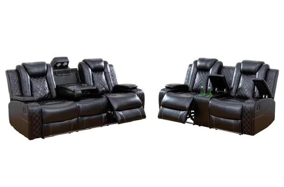 AYCP Multifunction Power Air Leather Recliner Sofa Set with LED Lights, Living Room Furniture, Reclining Sofa, loveseat, Chair with USB Port/Storage (Black, Sofa+Loveseat)