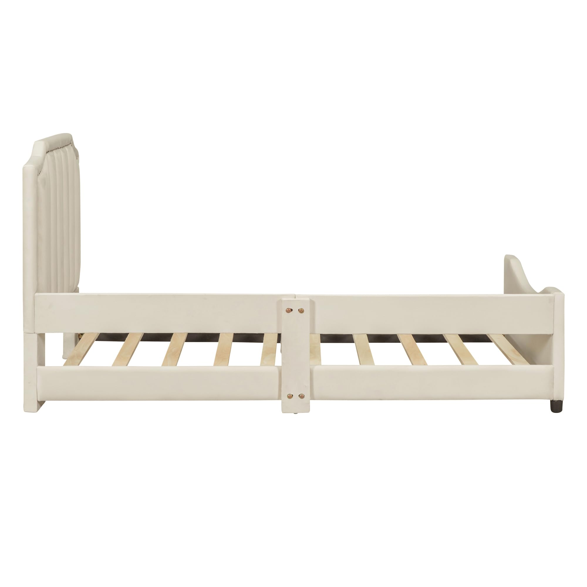 Harper & Bright Designs Upholstered Twin Daybed Frame for Kids,Velvet Twin Beds with Classic Stripe Shaped Headboard, Wood Cute Twin Bed Frames for Children Girls Boys,Beige