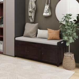 softsea storage bench with 3 shutter shaped doors, wooden shoe bench with removable cushion and hidden storage space, espresso