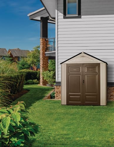 Rubbermaid Resin Outdoor Storage Shed With Floor (7 x 3.5 Ft.), Weather Resistant, Brown/Grey, Organization for Home/Lawn Mower/Backyard Equipment/Bike Storage/Pool Supplies