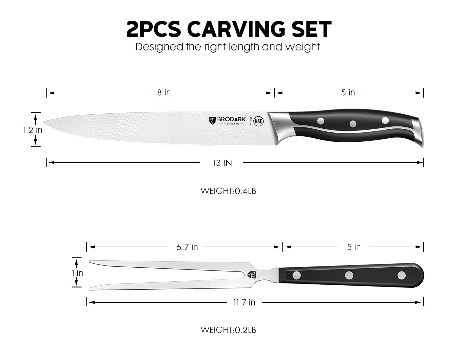 BRODARK Carving Knife, German Stainless Steel Carving Knife and Fork Set, 8 Inch Kitchen Knife for Meat, Turkey, BBQ, Full Tang Ergonomic Handle Brisket Slicing Knife with Gift Box