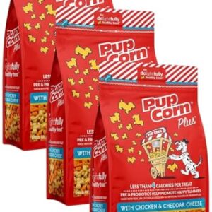 Pup Corn Plus - Puffed Dog Treats with Prebiotics and Probiotics - Chicken and Cheddar Cheese (4oz) - Made in USA (Pack of 3)