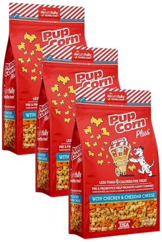 Pup Corn Plus - Puffed Dog Treats with Prebiotics and Probiotics - Chicken and Cheddar Cheese (4oz) - Made in USA (Pack of 3)