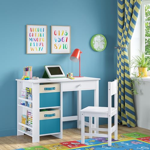 RiverRidge Kids Chair and Desk Set with Storage Cubbies, 2 Folding Fabric Turquoise Storage Bins, Drawer and Bookracks - Art Table Desk for Bedroom