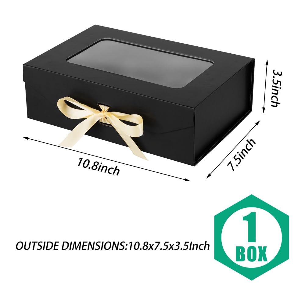 PLINJOY Black Gift Box for Presents with Ribbon 10.8x7.5x3.5 Inches Clear Gift Box with Window Magnetic Closure Gift Boxes with Lids