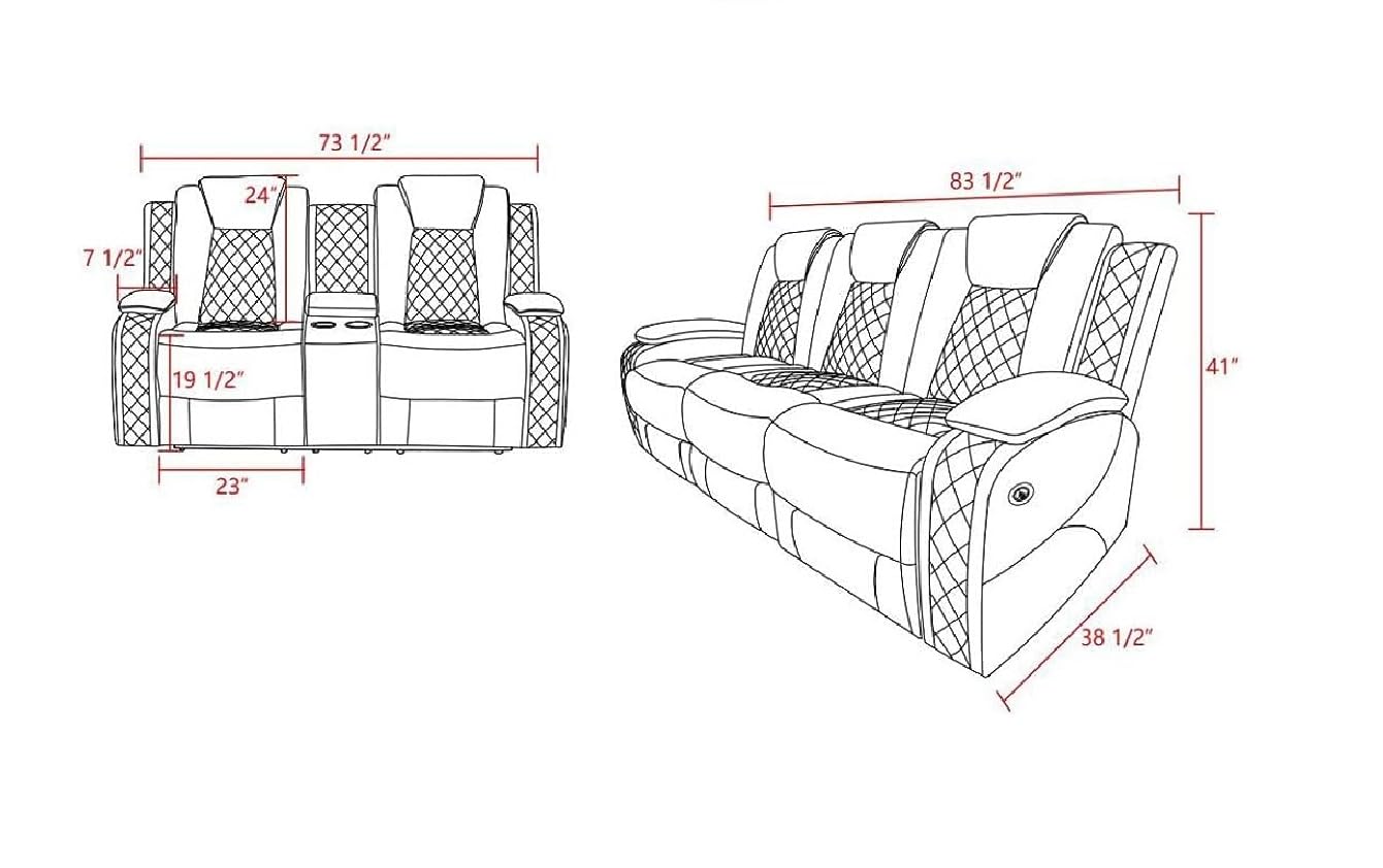 AYCP Multifunction Power Air Leather Recliner Sofa Set with LED Lights, Living Room Furniture, Reclining Sofa, loveseat, Chair with USB Port/Storage (Black, Sofa+Loveseat)