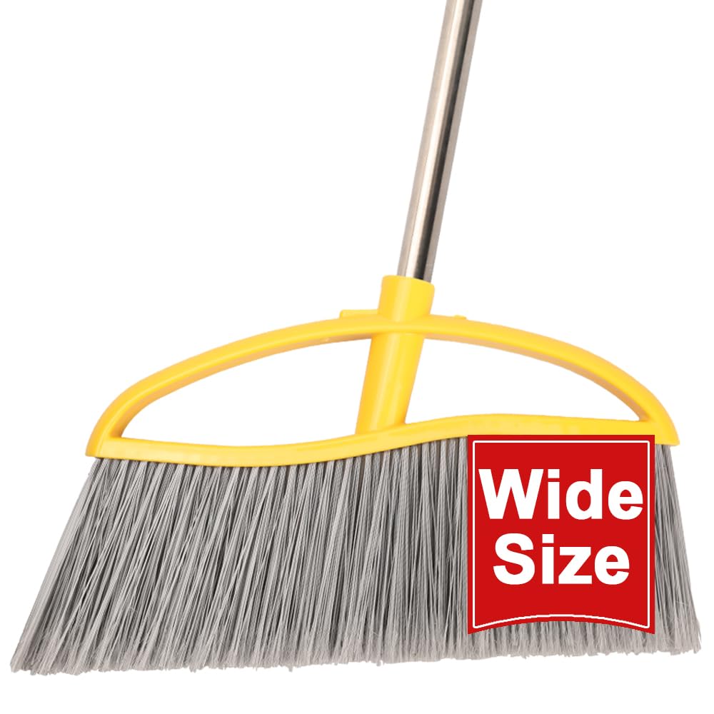 14" Widen Broom for Floor Cleaning, Long Handle Outdoor Broom,Heavy Duty Broom with Stiff Bristles,Sweeping Broom,Angle Broom for Garage Patio Garden Deck Home