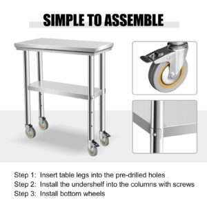 OUKIDR Heavy Duty Work Table, Stainless Steel Table for Prep 24" X 24" with 4 Casters for Commerical Kitchen, Restaurant, Home and Hotel,24" X 24"