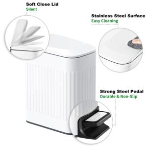 TIPGO Slim Bathroom Trash Can with Lid Soft Close, 6 Liter / 1.6 Gallon Stainless Steel Garbage Can with Removable Inner Bucket, Foot Pedal, Small Trash Cans for Bedroom, Office, Kitchen (White)