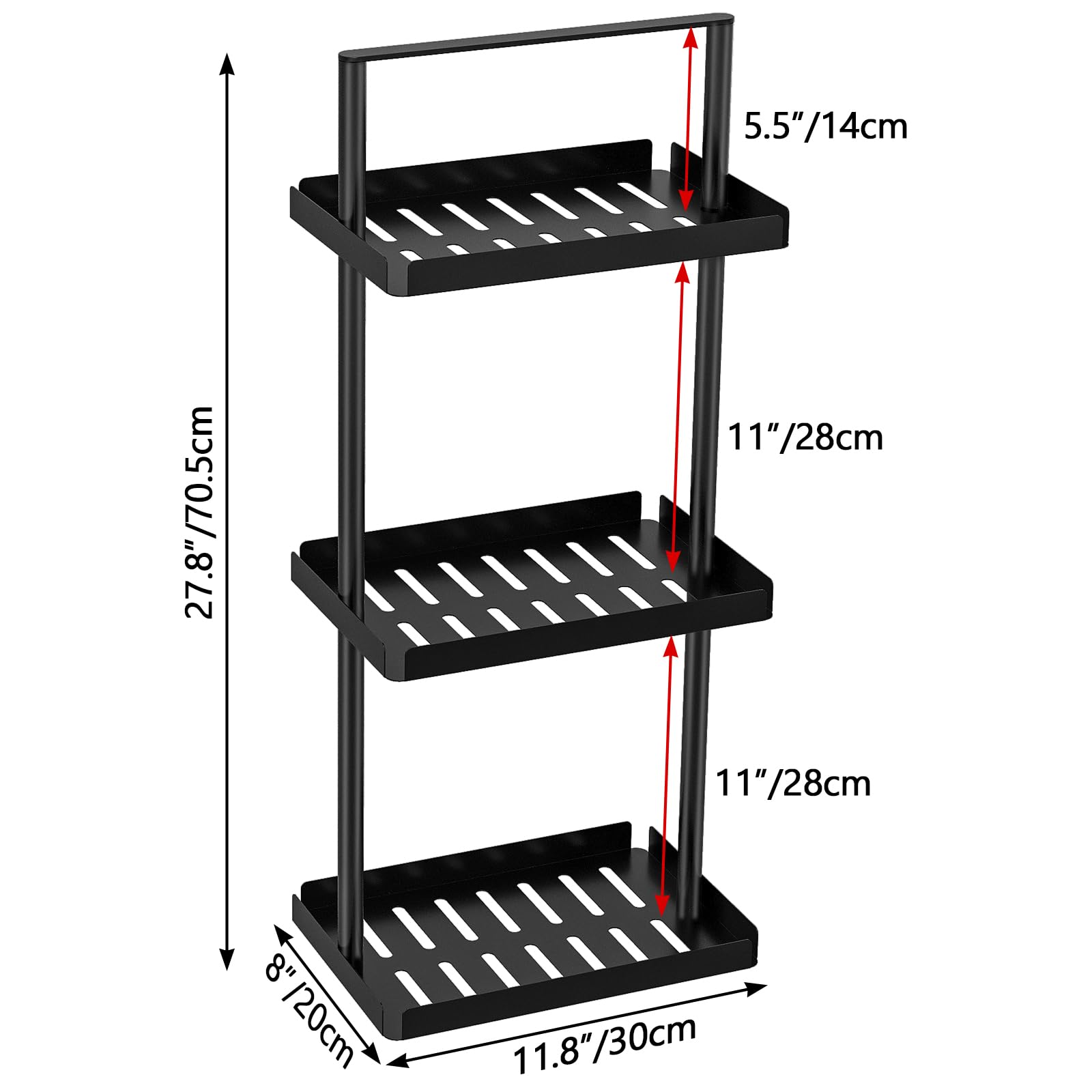 3 Tier Standing Shower Caddy Organizer Corner, Bathroom Shower Organizer Stand with Handle, Metal Shower Shelf Caddy Corner for Shampoo, Shower Rack Stands for Inside Bathroom, Bathtub, Black