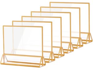 ameitech 6 x 4 horizontal acrylic sign holder with gold borders, clear double sided table menu stands picture frames for wedding table numbers, restaurant signs, photos and art display - 6 pack