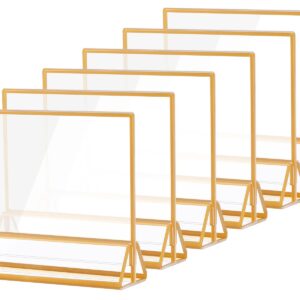 AMEITECH 6 x 4 Horizontal Acrylic Sign Holder with Gold Borders, Clear Double Sided Table Menu Stands Picture Frames for Wedding Table Numbers, Restaurant Signs, Photos and Art Display - 6 Pack