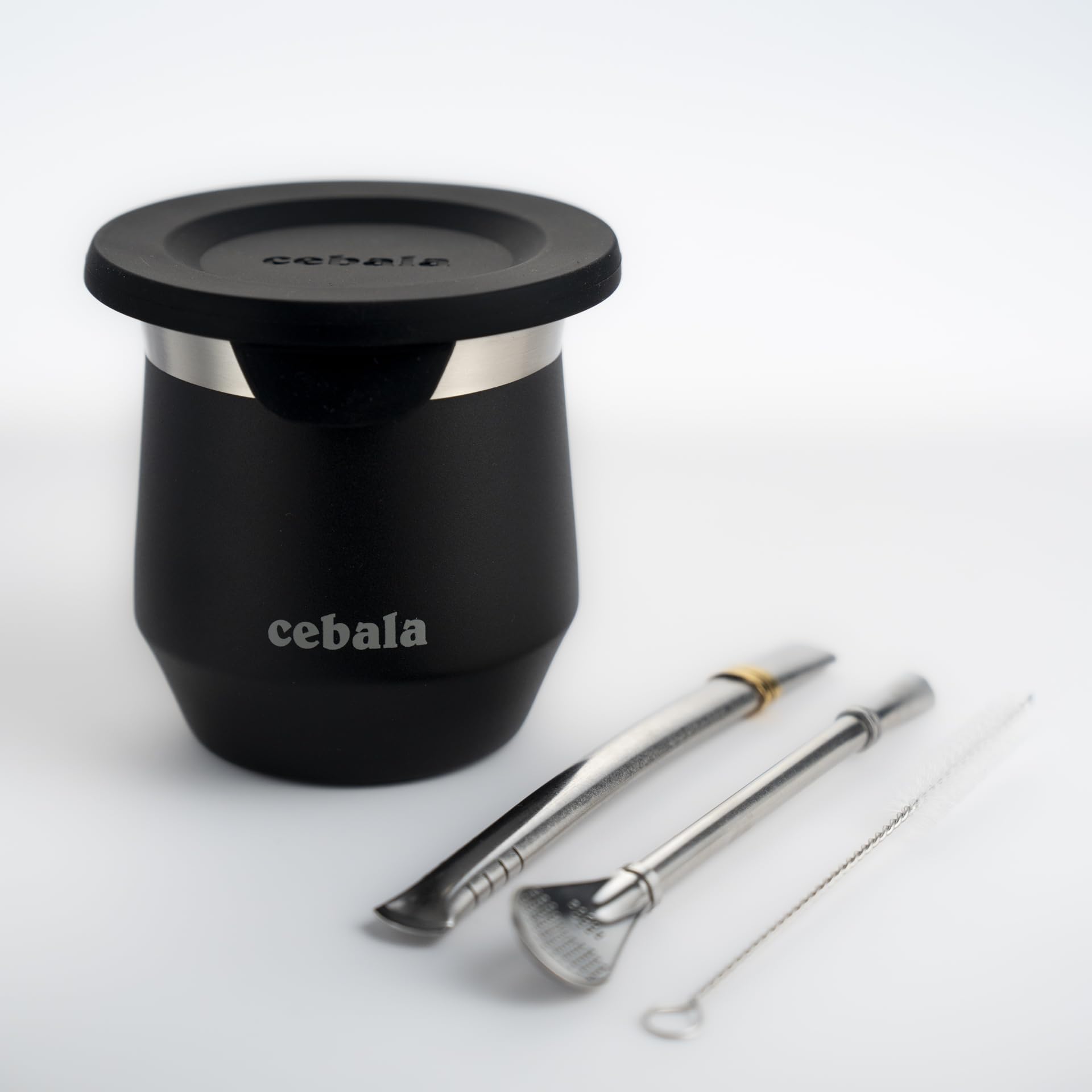 Cebala Yerba Mate Natural Gourd/Tea Cup Set (Original Mate Cup) PREMIUM QUALITY | Includes 2 Bombillas (Yerba Mate Straws to Use) & Silicon Cup & Cleaning Brush | Stainless Steel (Black)