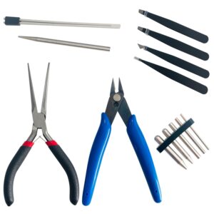 socpuro 13 pieces metal diy model tool set, edge bending tools tab twisting assist tools metal tweezers needle nose pliers for 3d metal jigsaw puzzles assembly