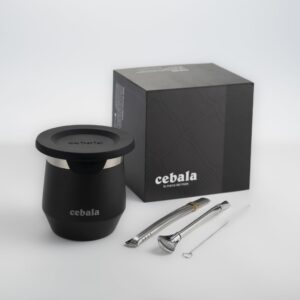 cebala yerba mate natural gourd/tea cup set (original mate cup) premium quality | includes 2 bombillas (yerba mate straws to use) & silicon cup & cleaning brush | stainless steel (black)